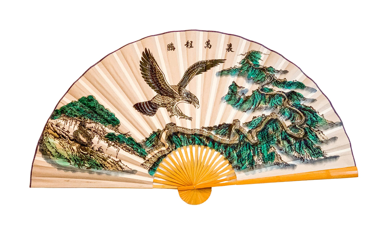 63-INCH EXTRA LARGE DECORATIVE WALL FAN — MAJESTIC EAGLE & GREAT WALL ON SUNRAY MIST GRAY CANVAS