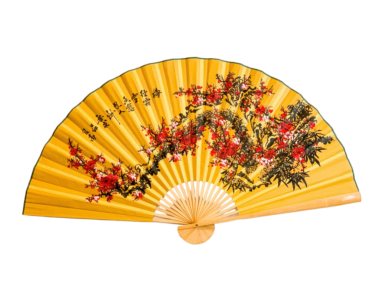 63-INCH EXTRA LARGE DECORATIVE WALL FAN — VIBRANT WINTER PLUM BLOSSOMS & INK BAMBOO ON IMPERIAL YELLOW CANVAS