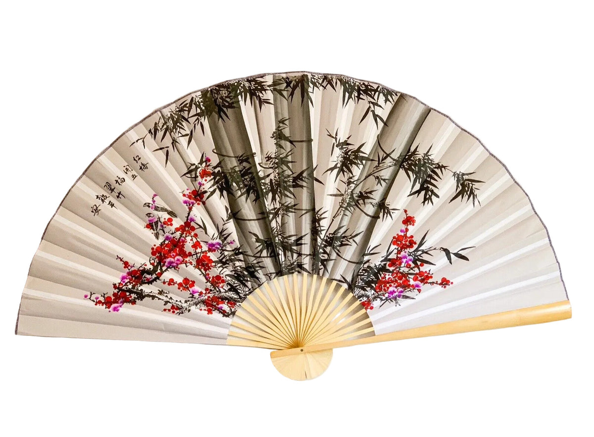 63-INCH EXTRA LARGE DECORATIVE WALL FAN — MONOCHROME BAMBOO & VIBRANT RED PLUM BLOSSOMS ON RICH CREAM BACKGROUND