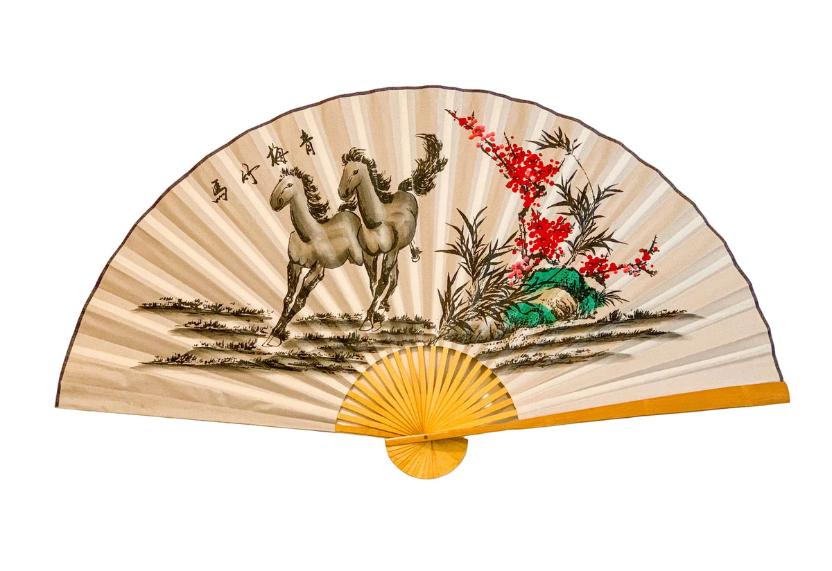 63-INCH EXTRA LARGE DECORATIVE WALL FAN — GALLOPING HORSES & WINTER PLUM BLOSSOMS ON SUNRAY MIST GRAY CANVAS