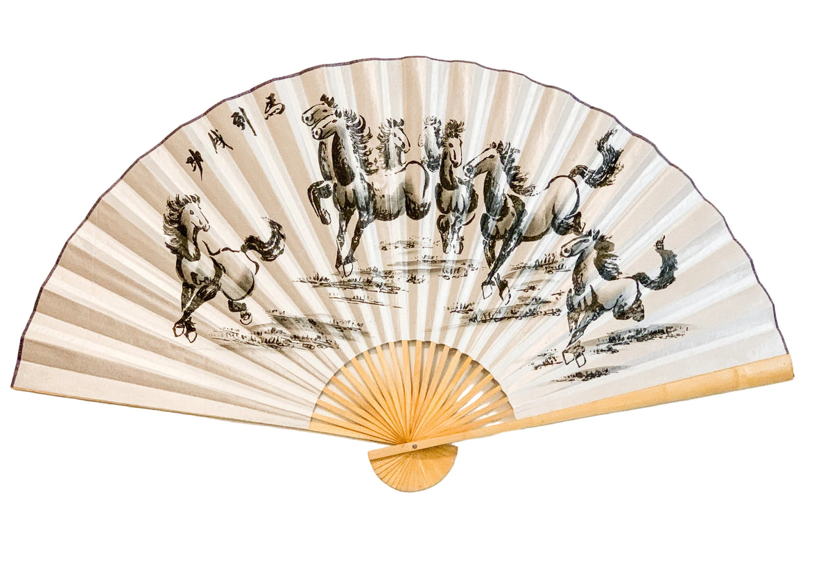 63-INCH EXTRA LARGE DECORATIVE WALL FAN — GALLOPING HORSES OF SUCCESS ON SUNRAY WHITE GRAY CANVAS
