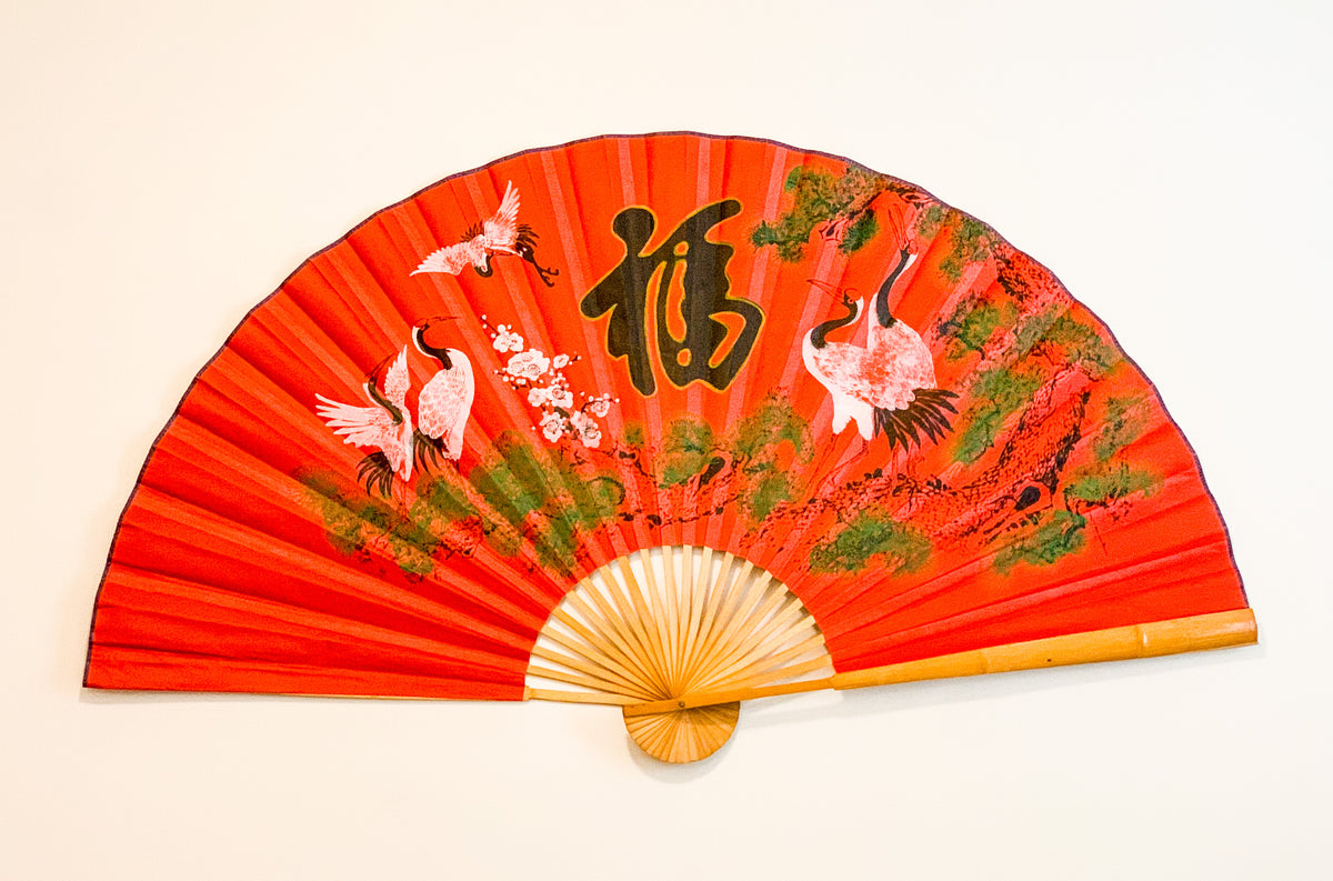 63-INCH EXTRA LARGE DECORATIVE WALL FAN — CRANES OF LONGEVITY & GIANT 'FU' BLESSING ON VIBRANT RED BACKGROUND