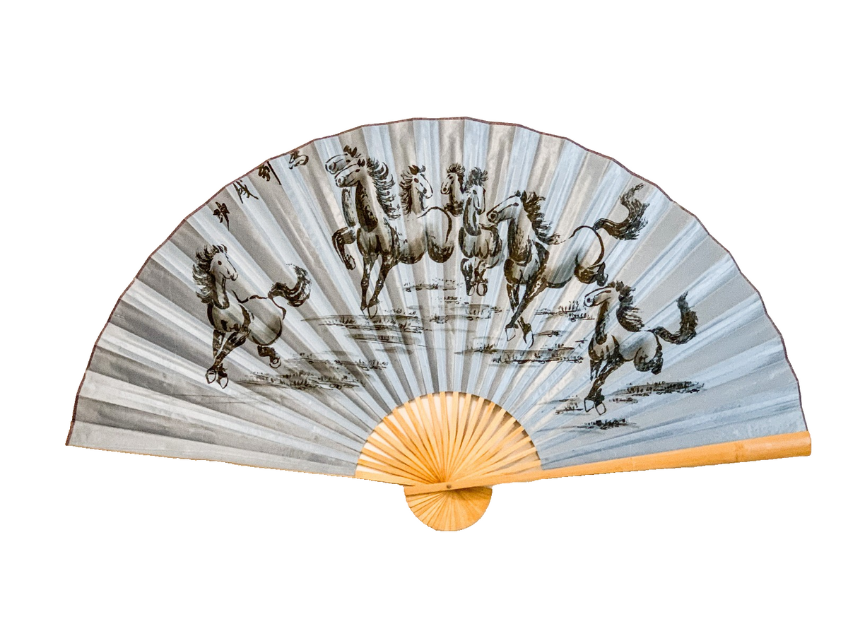 63-INCH EXTRA LARGE DECORATIVE WALL FAN — GALLOPING HORSES OF SUCCESS ON SUNRAY MIST BLUE CANVAS
