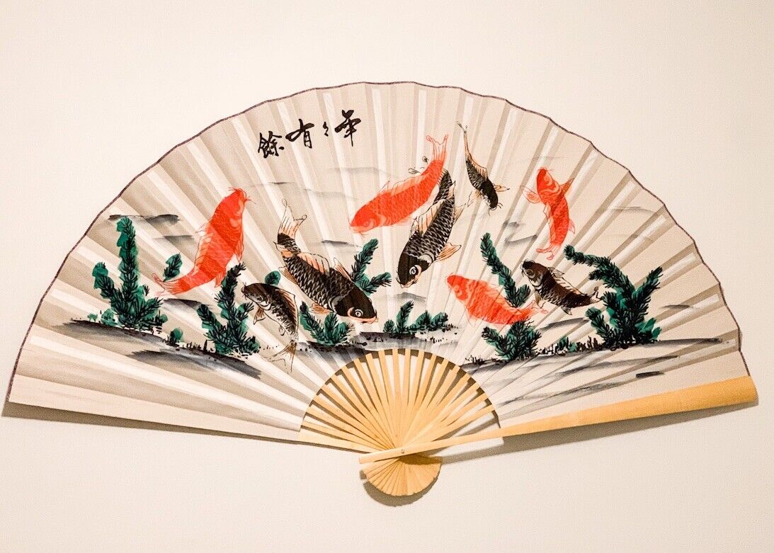 Large 60*35 in Oriental Wall Hanging Folding Fan in Coy Fish Painting with White Background Design