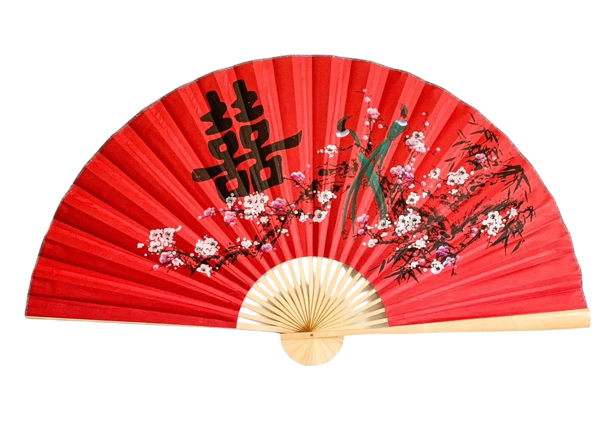 63-INCH EXTRA LARGE DECORATIVE WALL FAN — DOUBLE HAPPINESS WHITE PLUM BLOSSOMS & SONGBIRDS ON CELEBRATORY RED CANVAS