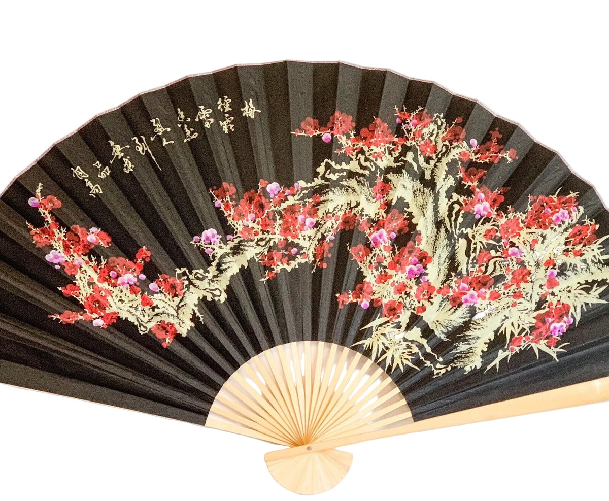 63-INCH EXTRA LARGE DECORATIVE WALL FAN — VIBRANT WINTER PLUM BLOSSOMS & INK BAMBOO ON LUXURY BLACK CANVAS