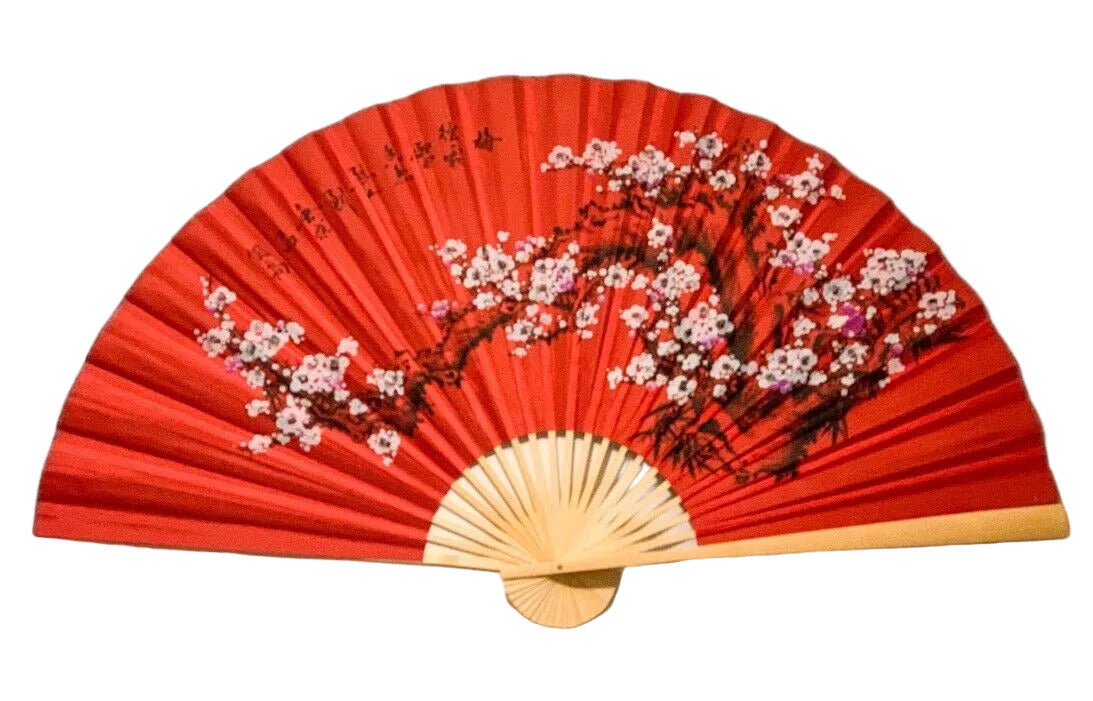 63-INCH EXTRA LARGE DECORATIVE WALL FAN — CLASSIC WHITE WINTER PLUM BLOSSOMS & INK BAMBOO ON CELEBRATORY RED CANVAS