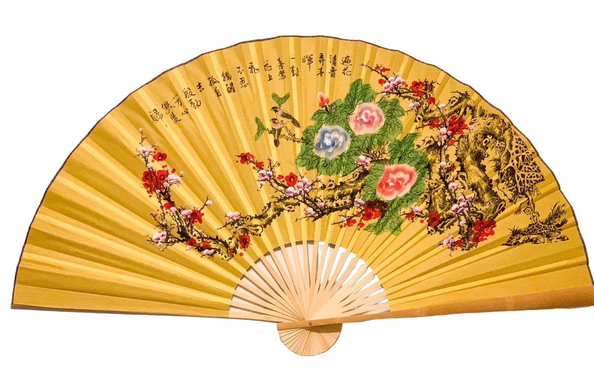 63-INCH EXTRA LARGE DECORATIVE WALL FAN — VIBRANT PEONIES, PLUM BLOSSOMS & SONGBIRDS ON REGAL IMPERIAL YELLOW CANVAS