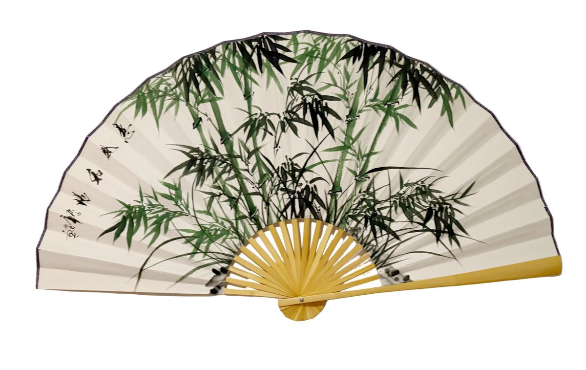 45-INCH LARGE HAND-PAINTED WALL FAN — RESILIENT HARMONY BAMBOO ON VAULT ARCHIVE WHITE RICE PAPER