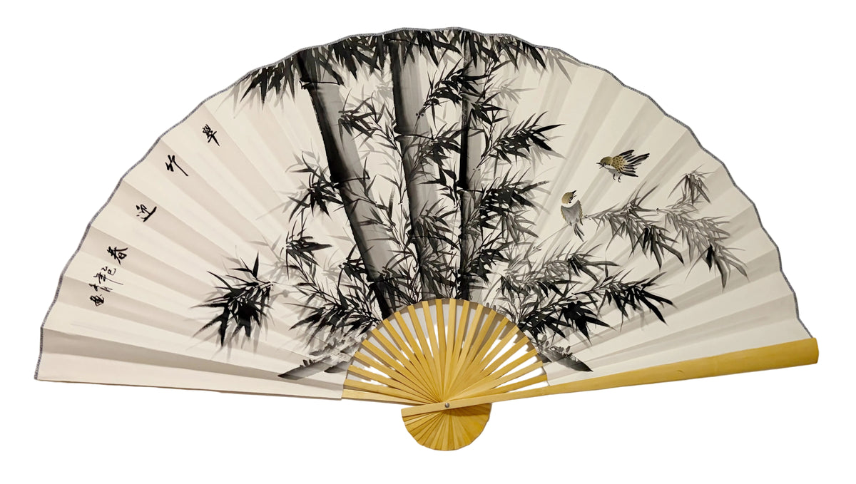 63-INCH EXTRA LARGE HAND-PAINTED WALL FAN — BAMBOO WELCOMES SPRING ON VAULT ARCHIVE WHITE RICE PAPER