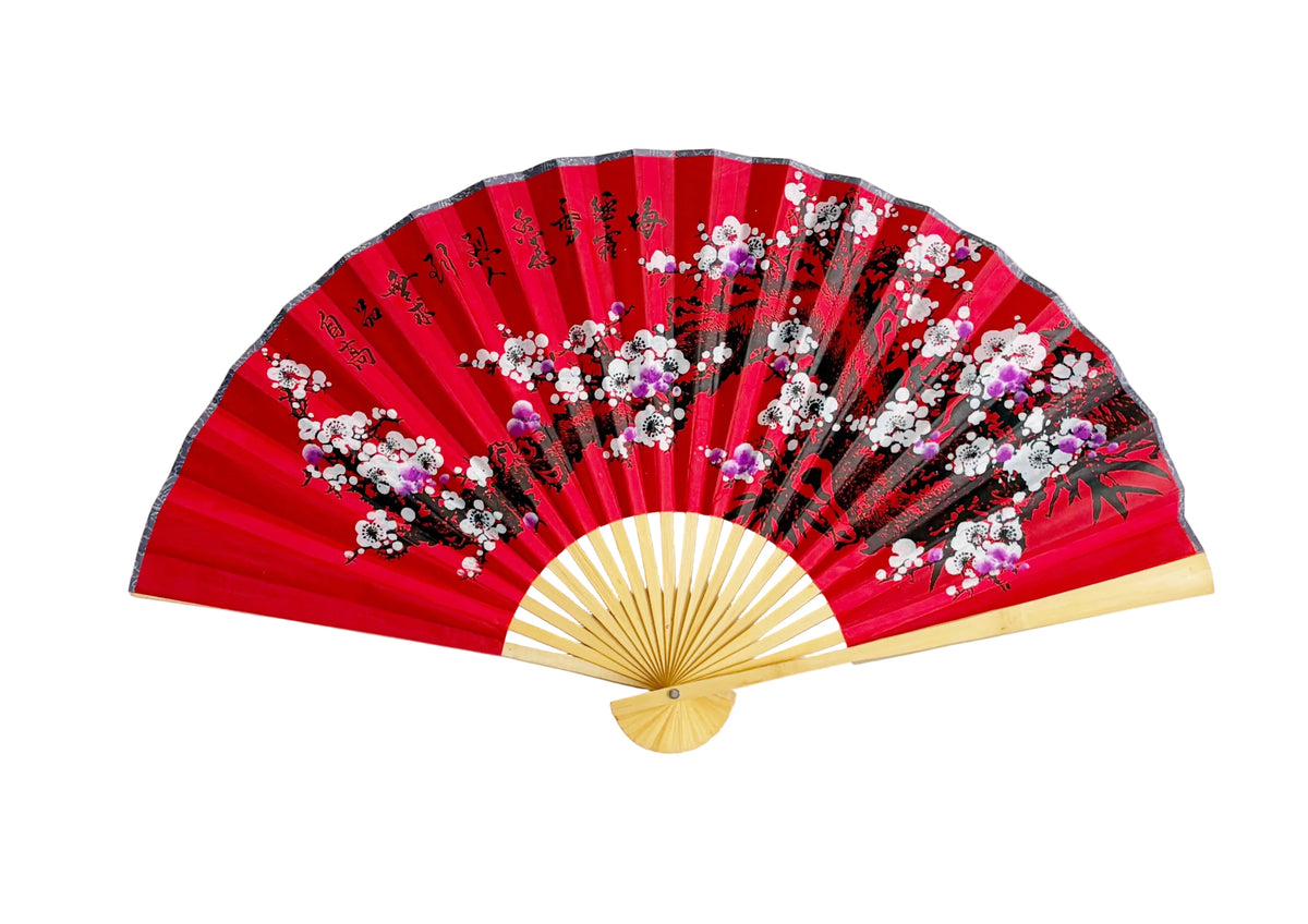 35-INCH DECORATIVE WALL FAN — WINTER PLUM BLOSSOMS ON VIBRANT CRIMSON CANVAS