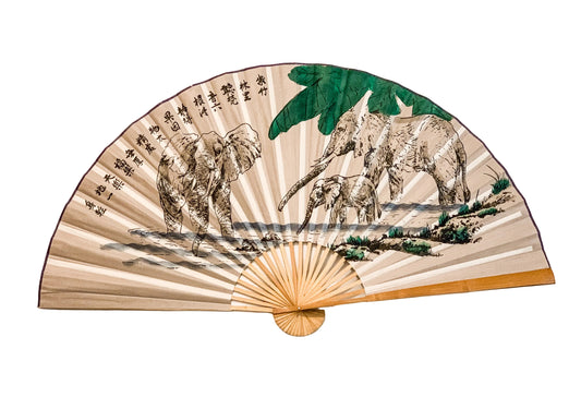 63-INCH EXTRA LARGE DECORATIVE WALL FAN — MAJESTIC ELEPHANTS & TROPICAL PALMS ON SUNRAY MIST GRAY CANVAS