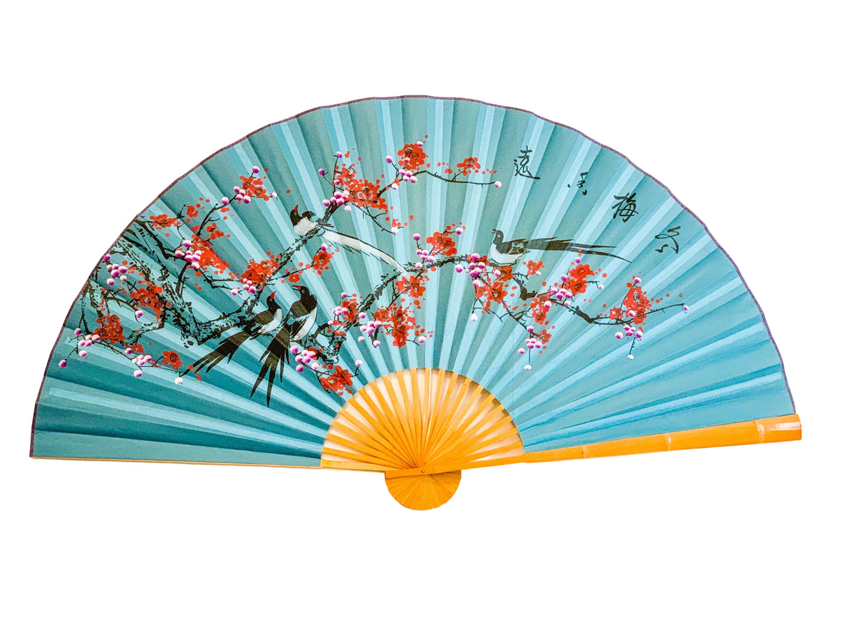 63-INCH EXTRA LARGE DECORATIVE WALL FAN — VIBRANT WINTER PLUM BLOSSOMS & MAGPIES ON COBALT BLUE CANVAS