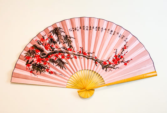 63-INCH EXTRA LARGE DECORATIVE WALL FAN — VIBRANT WINTER PLUM BLOSSOMS & INK BAMBOO ON BRIGHT PINK CANVAS