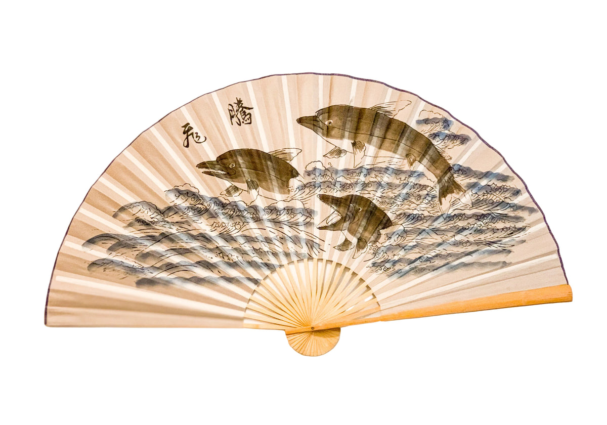 63-INCH LARGE DECORATIVE WALL FAN — PLAYFUL DOLPHINS & OCEAN WAVES ON SUNRAY SEAFOAM GRAY CANVAS