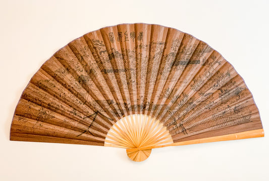 63-INCH EXTRA LARGE DECORATIVE WALL FAN — QING MING SHANG HE TU HISTORICAL LANDSCAPE ON ANTIQUE SEPIA CANVAS