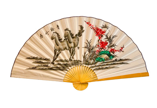 63-INCH EXTRA LARGE DECORATIVE WALL FAN — GALLOPING HORSES & WINTER PLUM BLOSSOMS ON SUNRAY MIST GRAY CANVAS
