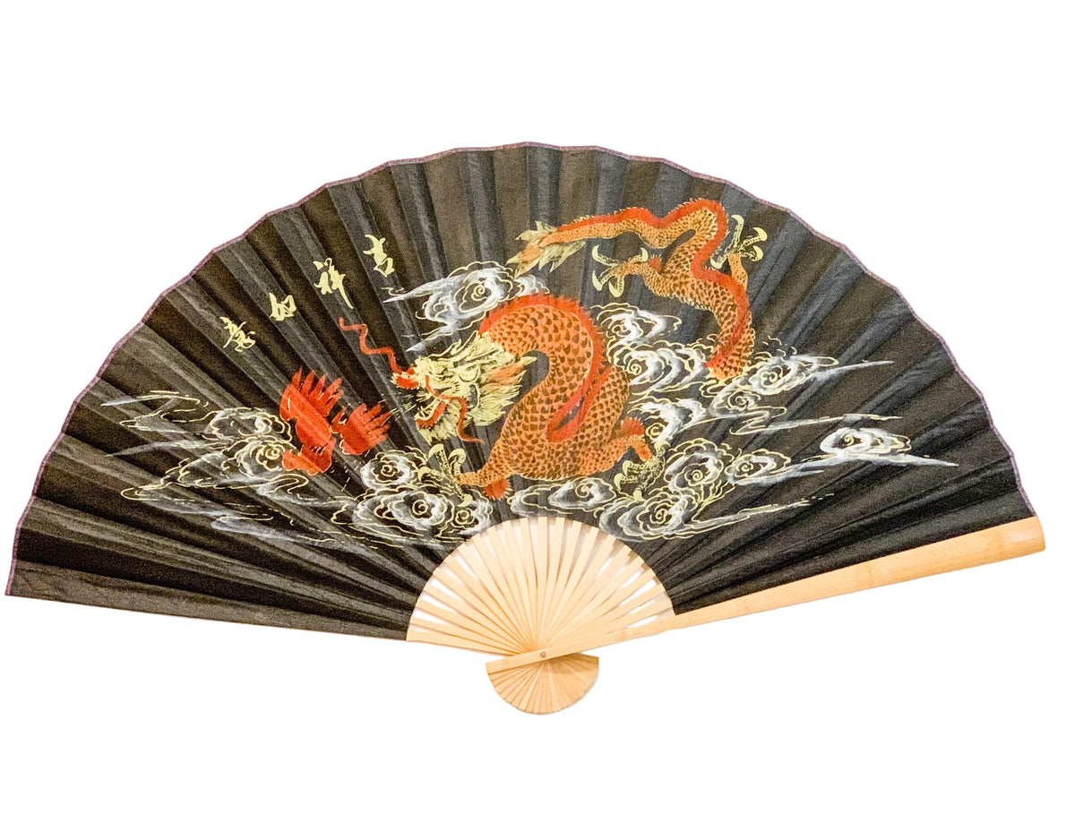 63-INCH EXTRA LARGE DECORATIVE WALL FAN — VIBRANT GOLDEN DRAGONS & IMPERIAL CLOUDS ON LUXURY BLACK CANVAS