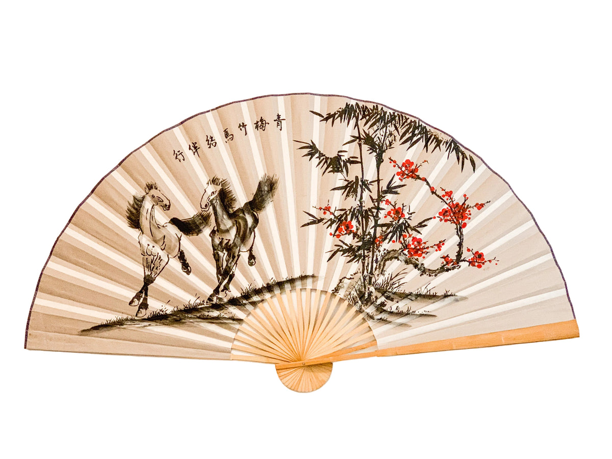 63-INCH EXTRA LARGE DECORATIVE WALL FAN — GALLOPING PARTNER HORSES & WINTER PLUM BLOSSOMS ON SUNRAY MIST GRAY CANVAS