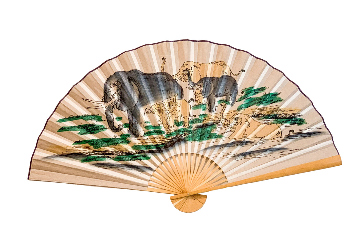 63-INCH EXTRA LARGE DECORATIVE WALL FAN — HARMONIOUS ELEPHANT HERD &amp; RIVER VALLEY ON SUNRAY MIST GRAY CANVAS