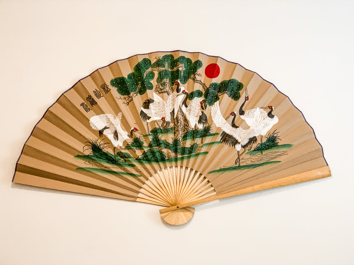 63-INCH EXTRA LARGE DECORATIVE WALL FAN — CRANES OF LONGEVITY & SACRED PINE ON ANTIQUE VINTAGE PARCHMENT CANVAS