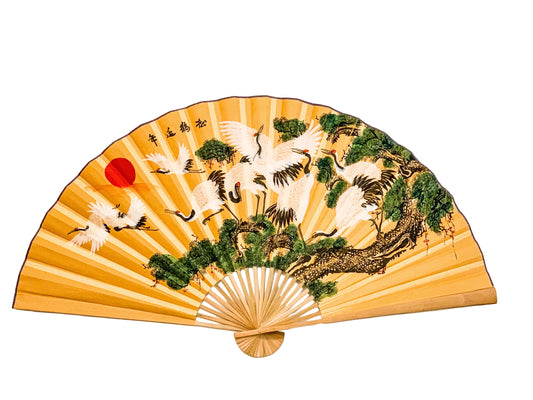 63-INCH EXTRA LARGE DECORATIVE WALL FAN — RED-CROWNED CRANES &amp; MOUNTAIN PINES ON IMPERIAL GOLD CANVAS