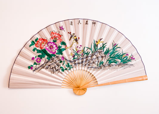 63-INCH EXTRA LARGE DECORATIVE WALL FAN — VIBRANT PEONIES, SONGBIRDS, AND WILD ORCHIDS ON RICH CREAM BACKGROUND