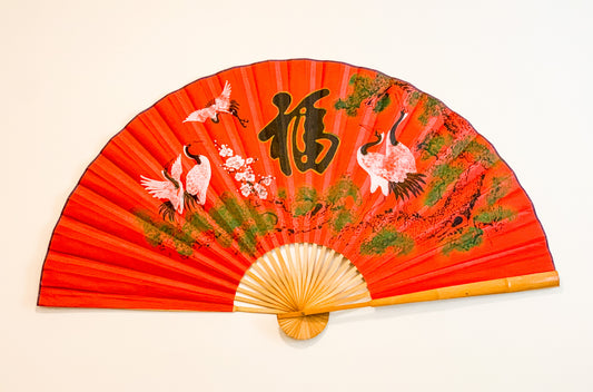 63-INCH EXTRA LARGE DECORATIVE WALL FAN — CRANES OF LONGEVITY & GIANT 'FU' BLESSING ON VIBRANT RED BACKGROUND