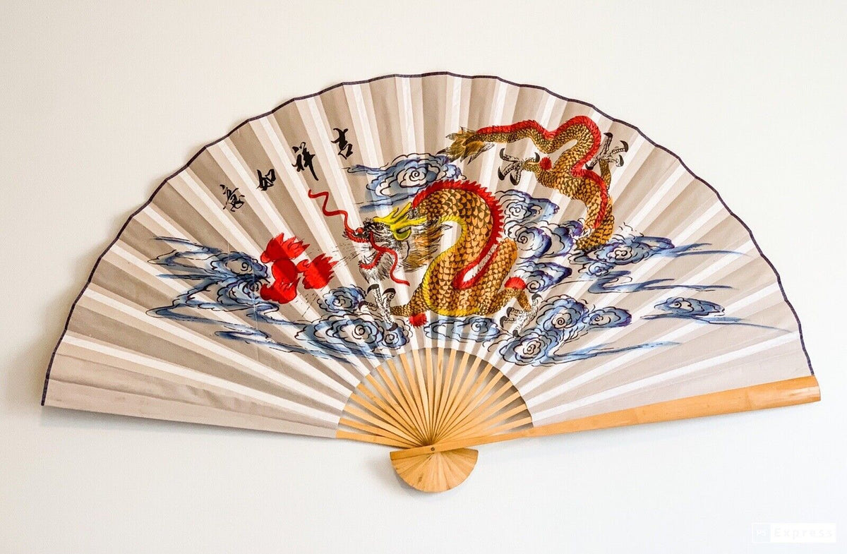63-INCH EXTRA LARGE DECORATIVE WALL FAN — IMPERIAL GOLDEN DRAGON & CLOUDS ON RICH CREAM BACKGROUND