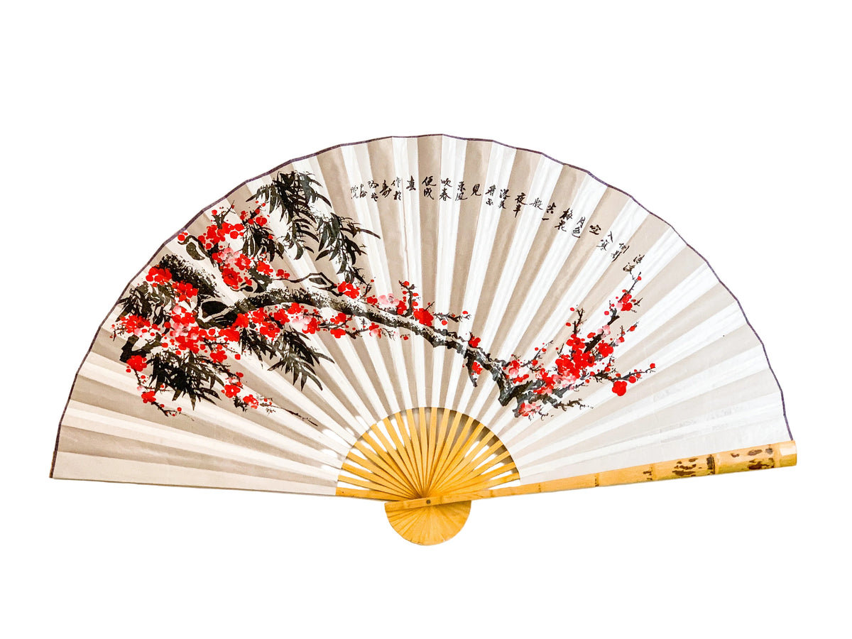 63-INCH EXTRA LARGE DECORATIVE WALL FAN — VIBRANT WINTER PLUM BLOSSOMS & INK BAMBOO ON FROSTED SILVER GRAY CANVAS