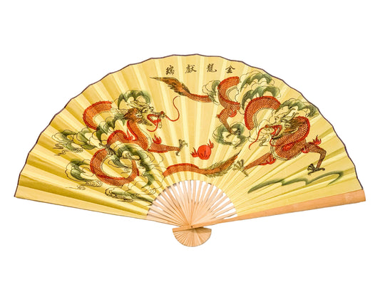 63-INCH LARGE DECORATIVE WALL FAN — VIBRANT GOLDEN DRAGONS & IMPERIAL CLOUDS ON ANTIQUE YELLOW CANVAS