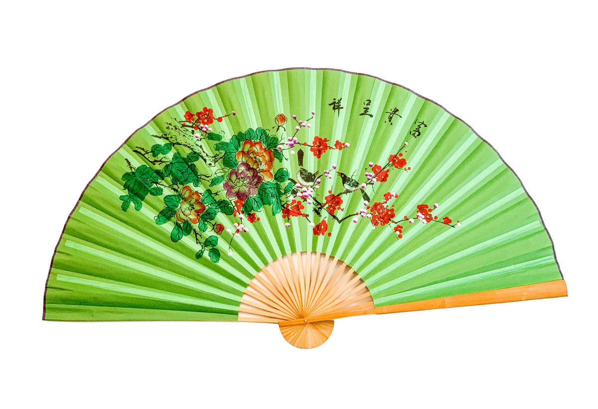 63-INCH EXTRA LARGE DECORATIVE WALL FAN — VIBRANT PEONIES, PLUM BLOSSOMS & SONGBIRDS ON EMERALD GREEN CANVAS
