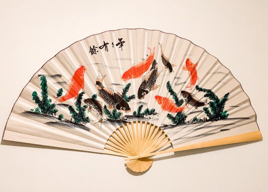 Large 60*35 in Oriental Wall Hanging Folding Fan in Coy Fish Painting with White Background Design