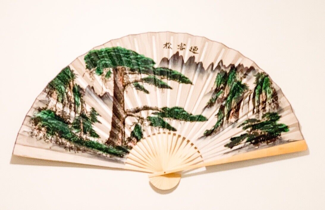 63-INCH EXTRA LARGE DECORATIVE WALL FAN — GUEST-WELCOMING PINE OF HUANGSHAN ON SUNRAY MIST WHITE CANVAS