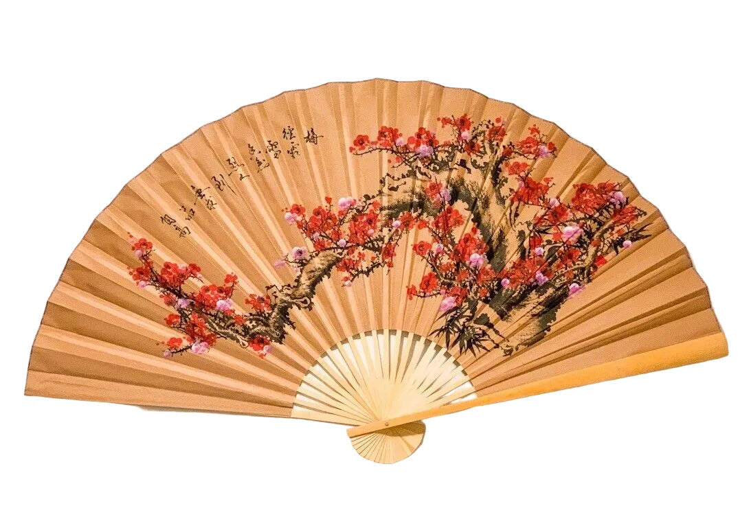 63-INCH EXTRA LARGE DECORATIVE WALL FAN — VIBRANT WINTER PLUM BLOSSOMS ON ANTIQUE AMBER BROWN CANVAS