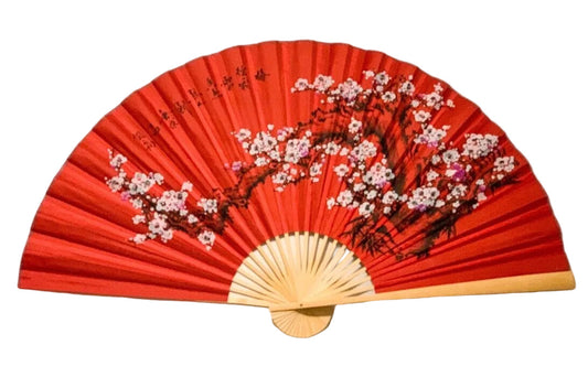63-INCH EXTRA LARGE DECORATIVE WALL FAN — CLASSIC WHITE WINTER PLUM BLOSSOMS &amp; INK BAMBOO ON CELEBRATORY RED CANVAS