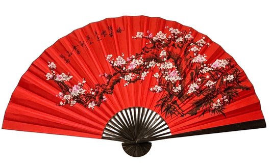 63-INCH EXTRA LARGE DECORATIVE WALL FAN — CLASSIC WHITE WINTER PLUM BLOSSOMS &amp; INK BAMBOO ON CELEBRATORY RED CANVAS (BLACK FRAME)