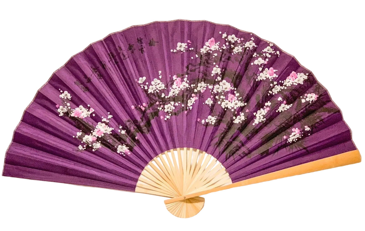 63-INCH EXTRA LARGE DECORATIVE WALL FAN — CLASSIC WHITE WINTER PLUM BLOSSOMS &amp; INK BAMBOO ON ROYAL PURPLE CANVAS