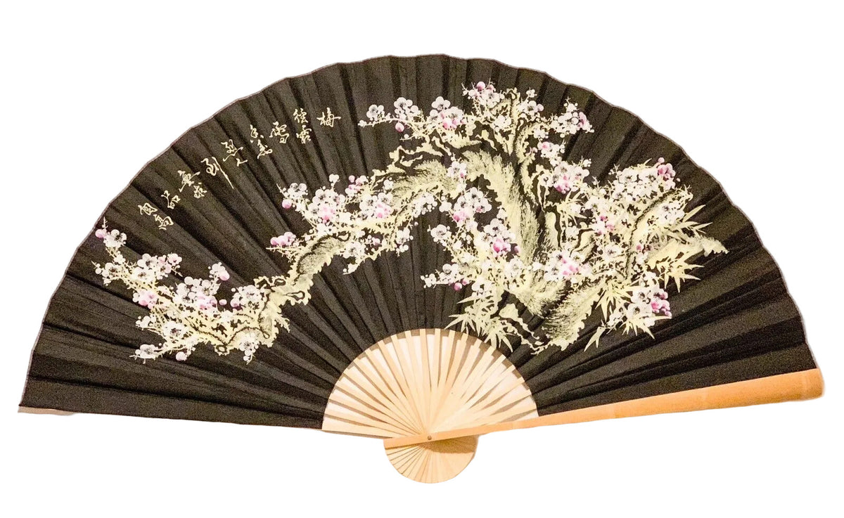 63-INCH EXTRA LARGE DECORATIVE WALL FAN — CLASSIC WHITE WINTER PLUM BLOSSOMS &amp; INK BAMBOO ON LUXURY BLACK CANVAS