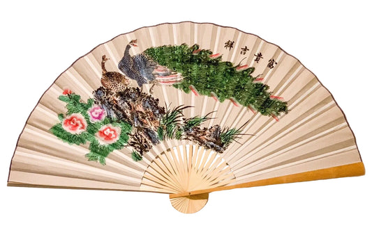 63-INCH EXTRA LARGE DECORATIVE WALL FAN — MAJESTIC PEACOCK COUPLE &amp; BLOOMING PEONIES ON SUNRAY ALBASTER GRAY CANVAS