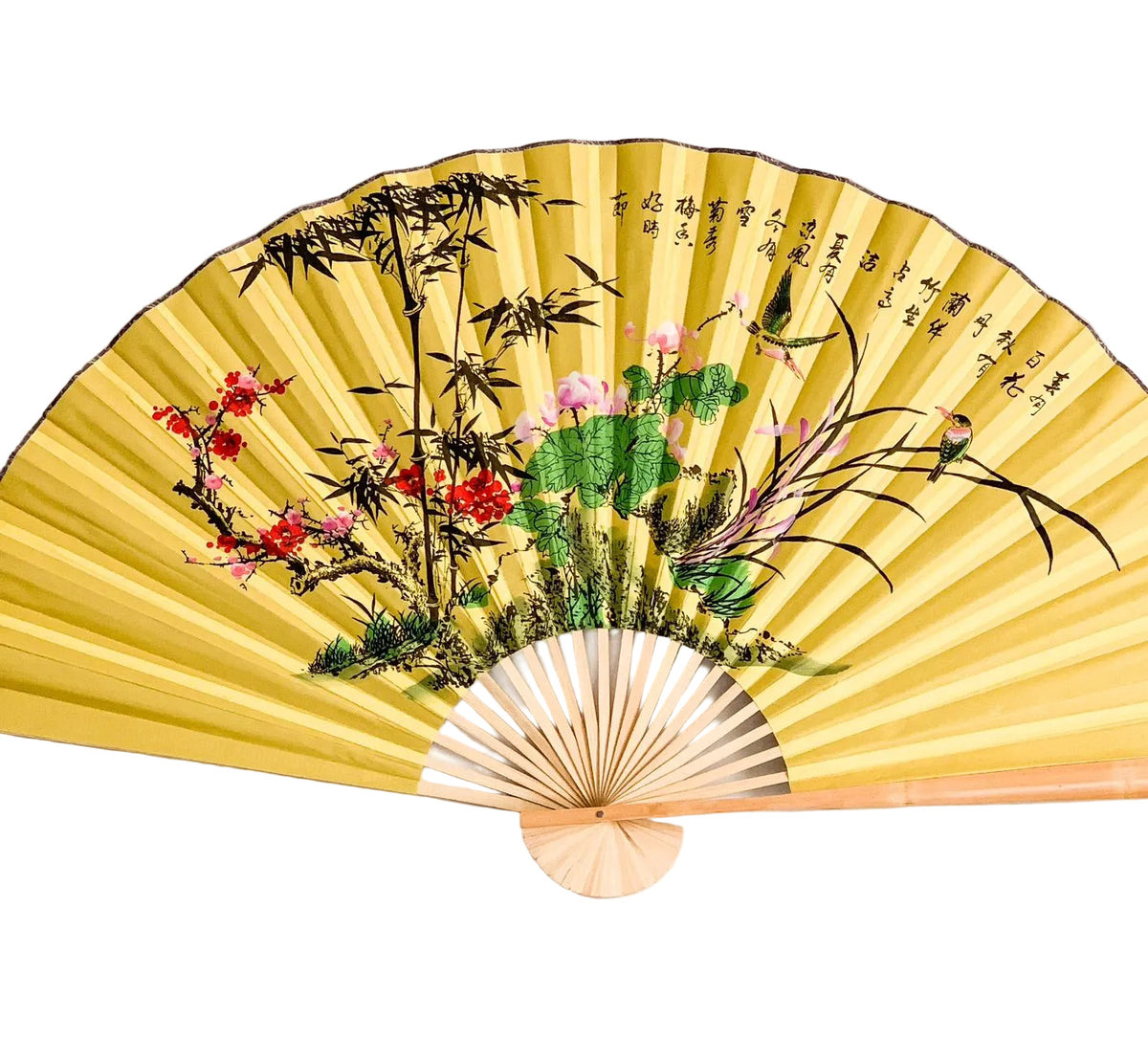 63-INCH EXTRA LARGE DECORATIVE WALL FAN — THE FOUR NOBLE GENTLEMEN OF ART ON REGAL IMPERIAL YELLOW CANVAS