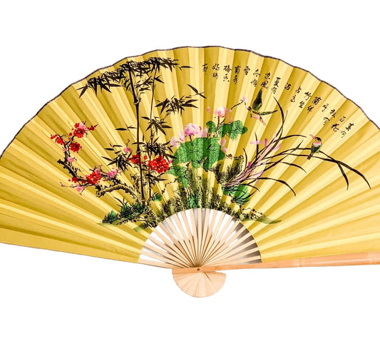 63-INCH EXTRA LARGE DECORATIVE WALL FAN — THE FOUR NOBLE GENTLEMEN OF ART ON REGAL IMPERIAL YELLOW CANVAS