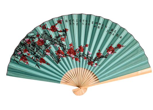 63-INCH EXTRA LARGE DECORATIVE WALL FAN — VIBRANT WINTER PLUM BLOSSOMS &amp; INK BAMBOO ON REGAL TEAL BLUE CANVAS