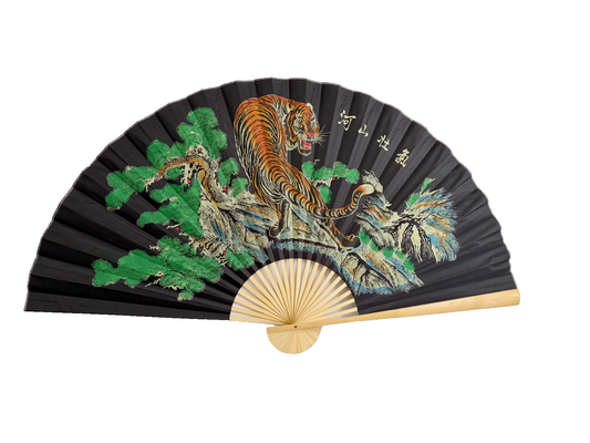 63-INCH EXTRA LARGE DECORATIVE WALL FAN — MAJESTIC TIGER &amp; MOUNTAIN PINES ON LUXURY BLACK CANVAS