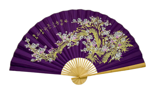 63-INCH EXTRA LARGE DECORATIVE WALL FAN — CLASSIC WHITE &amp; GOLDEN-HUED WINTER PLUM BLOSSOMS ON ROYAL PURPLE CANVAS