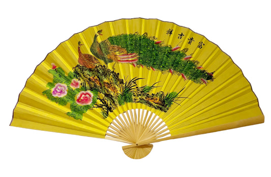 63-INCH EXTRA LARGE DECORATIVE WALL FAN — MAJESTIC PEACOCK COUPLE &amp; BLOOMING PEONIES ON REGAL IMPERIAL YELLOW CANVAS