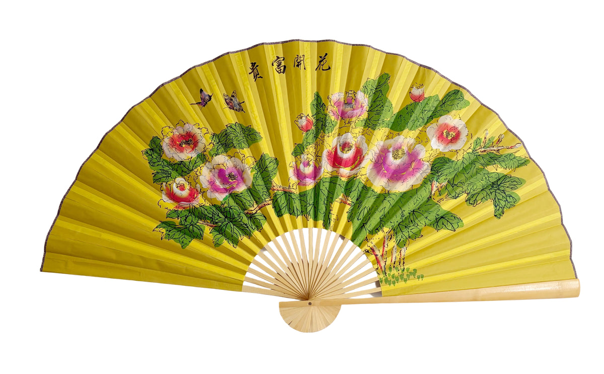 63-INCH EXTRA LARGE DECORATIVE WALL FAN — VIBRANT BLOOMING PEONIES &amp; BUTTERFLIES ON REGAL IMPERIAL YELLOW CANVAS