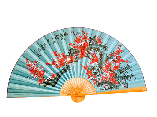 63-INCH EXTRA LARGE DECORATIVE WALL FAN — VIBRANT WINTER PLUM BLOSSOMS & INK BAMBOO ON JADE TEAL CANVAS