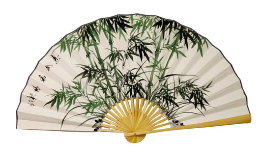 45-INCH LARGE HAND-PAINTED WALL FAN — RESILIENT HARMONY BAMBOO ON VAULT ARCHIVE WHITE RICE PAPER
