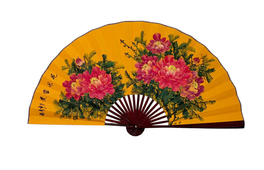 45-INCH LARGE HAND-PAINTED WALL FAN — BLOSSOMING PROSPERITY PEONIES ON VAULT ARCHIVE GOLD RICE PAPER